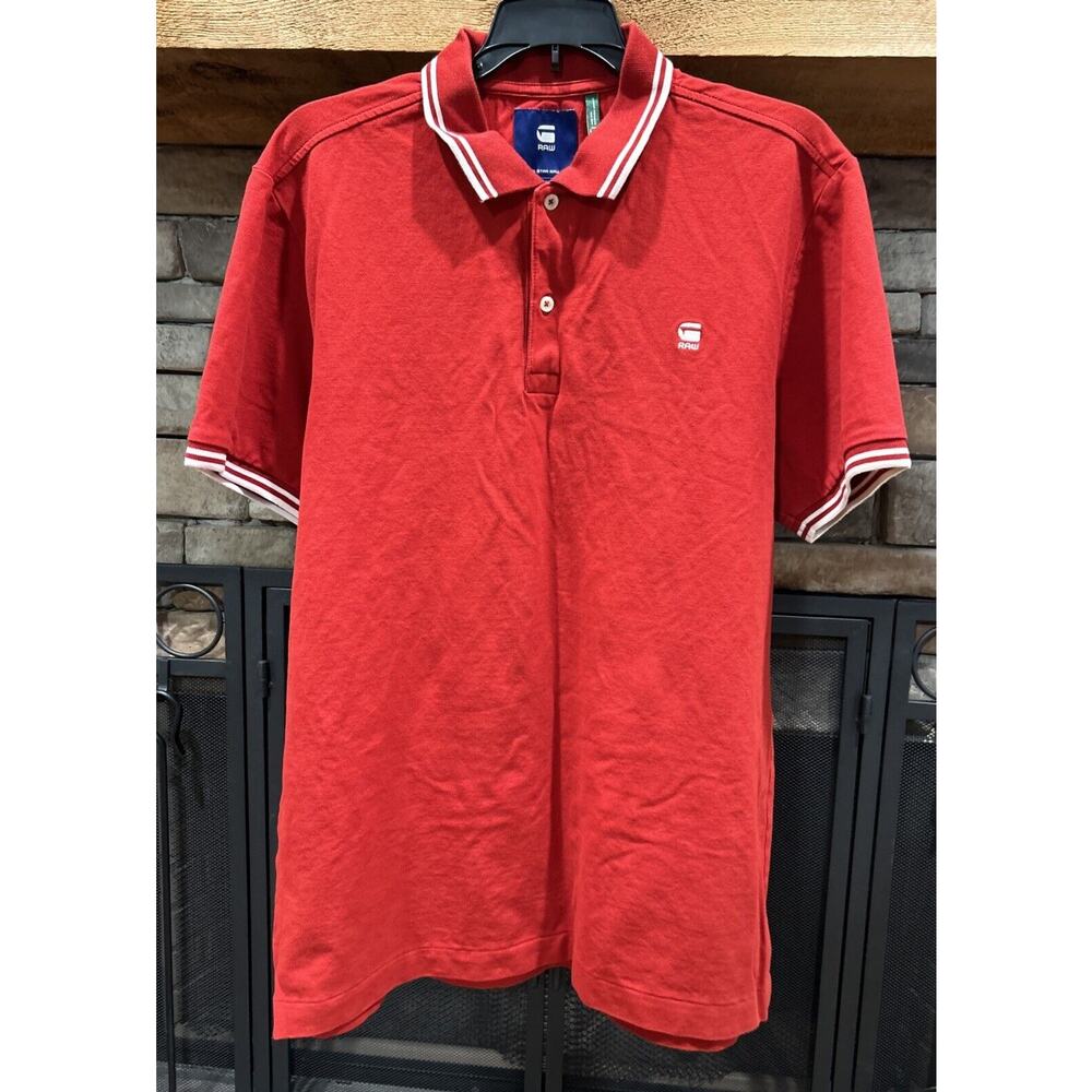Men’s G-STAR Raw Red Short Sleeve Dunda Slim Stripe Polo Shirt Size XL *A8